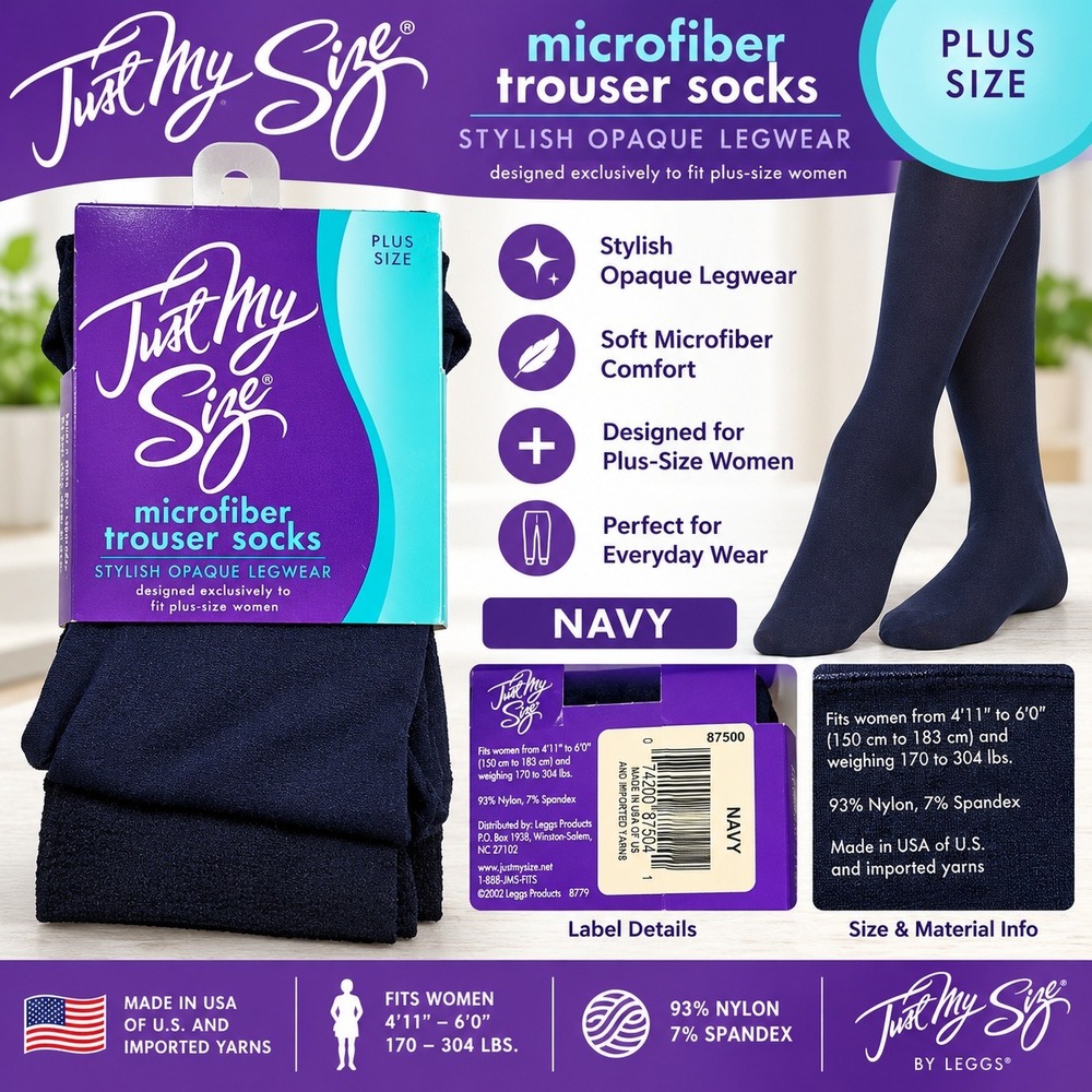 Just My Size Navy Blue Microfiber Trouser Socks Plus Size Opaque Legwear 87500